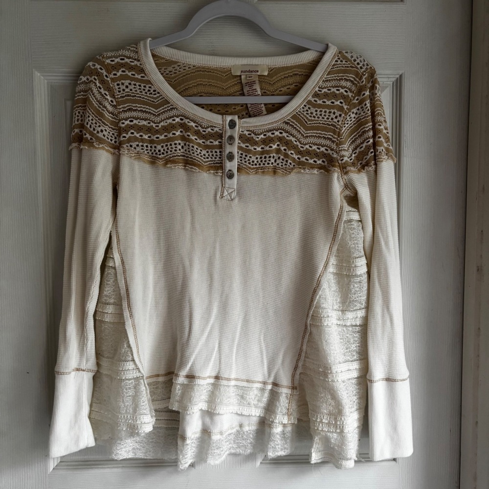 Sundance Womens White Lace Trim Waffle Knit Henley Long Sleeve Top XS Tunic‎
